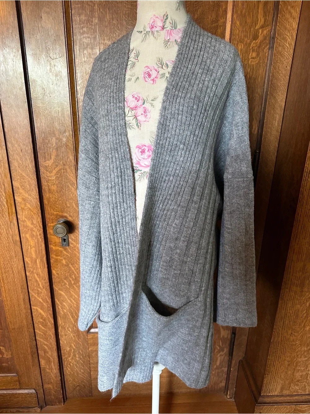 Topshop Longline Grey Open Cardigan with Pockets, Size XL (14), NWT